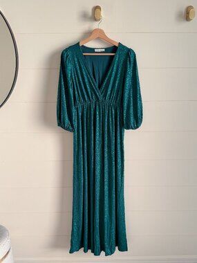 PinkBlush Forest Green Glitter V-Neck Maternity / Postpartum Maxi Dress S NWT
